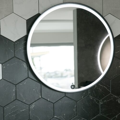 ARUVO™ ONYX Black Metal Framed Round Mirror w/ Led Light & Demister 750mm | MFRLED750