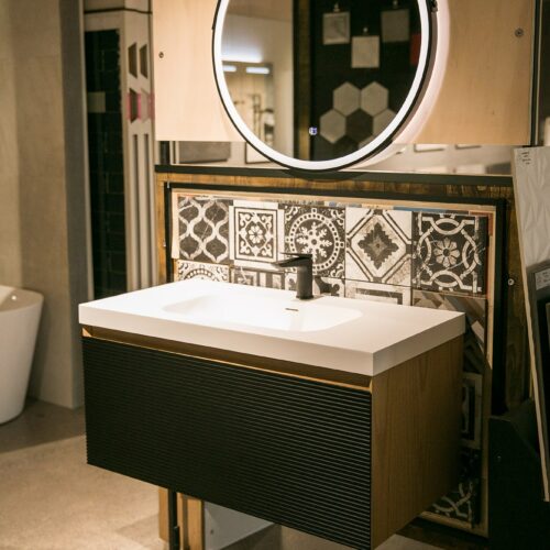 ARUVO™ BECA Collection Plywood Vanity Matte Black & Oak W900mm | Basin Options