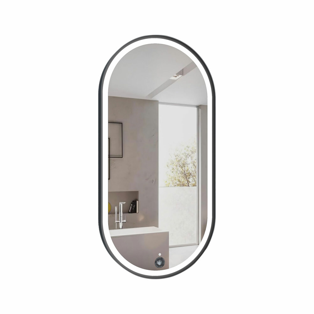 ARUVO™ ONYX Black Metal Framed Oval Mirror w/ Led Light & Demister | MFOLED450/900B - Image 3