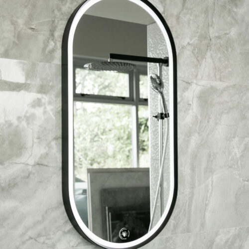 ARUVO™ ONYX Black Metal Framed Oval Mirror w/ Led Light & Demister | MFOLED450/900B