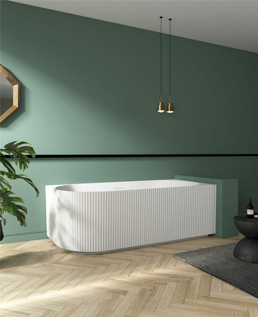 ARUVO™ FLUTE Back to Corner Acrylic Freestanding Bath | Matte White - Image 2
