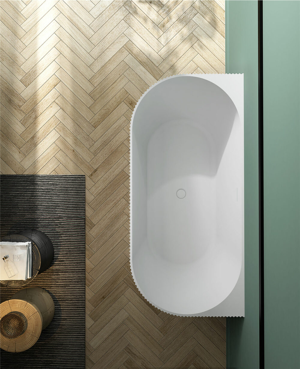 ARUVO™ FLUTE EDGE Back to Wall Acrylic Freestanding Bath | Matte White - Image 2