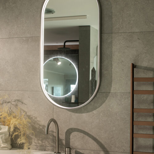 ARUVO™ HALO Framed Oval Mirror w/ LED Light & Demister | Brushed Gunmetal