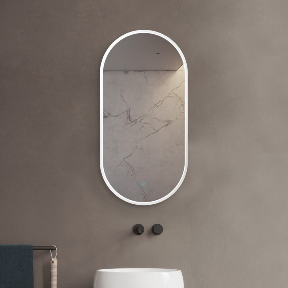 ARUVO™ HALO Framed Oval Mirror w/ LED Light & Demister | Matte White - Image 5
