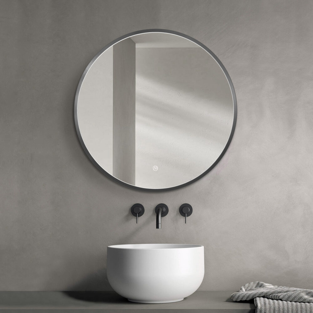 ARUVO™ HALO Framed Round Mirror w/ LED Light & Demister 700mm | Brushed Gunmetal - Image 5
