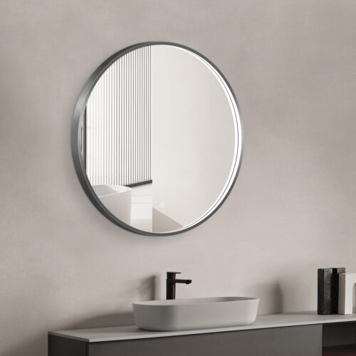 ARUVO™ HALO Framed Round Mirror w/ LED Light & Demister 700mm | Brushed Gunmetal