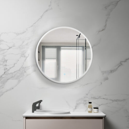 ARUVO™ HALO Framed Round Mirror w/ LED Light & Demister 700mm | Matte White
