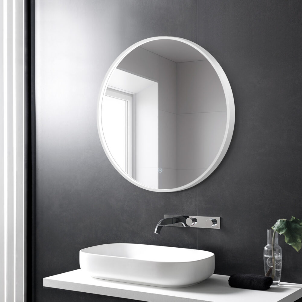 ARUVO™ HALO Framed Round Mirror w/ LED Light & Demister 700mm | Matte White - Image 3