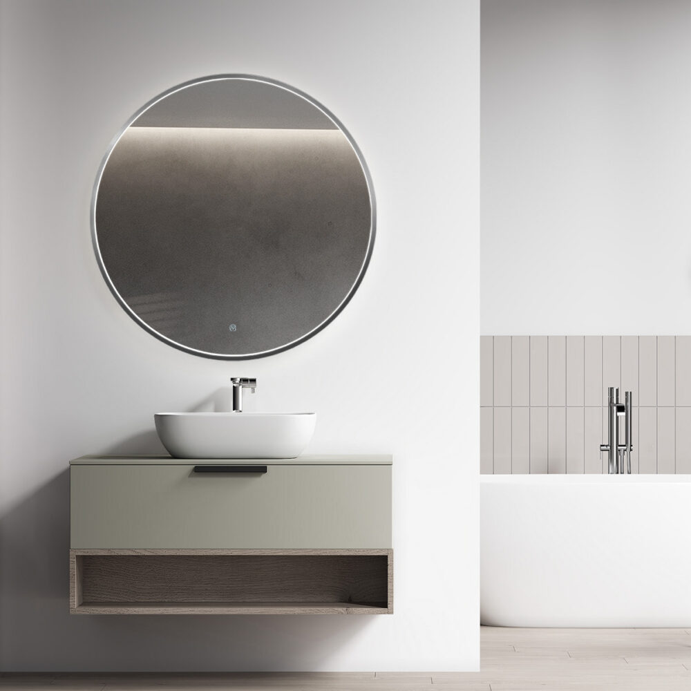ARUVO™ HALO Framed Round Mirror w/ LED Light & Demister 900mm | Brushed Gunmetal