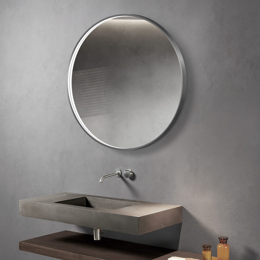 ARUVO™ HALO Framed Round Mirror w/ LED Light & Demister 900mm | Brushed Gunmetal - Image 2