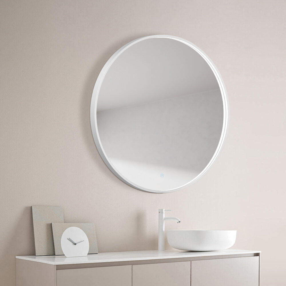 ARUVO™ HALO Framed Round Mirror w/ LED Light & Demister 900mm | Matte White - Image 3