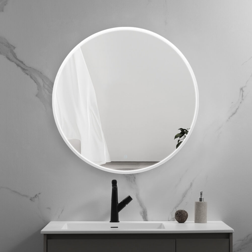 ARUVO™ HALO Framed Round Mirror w/ LED Light & Demister 900mm | Matte White