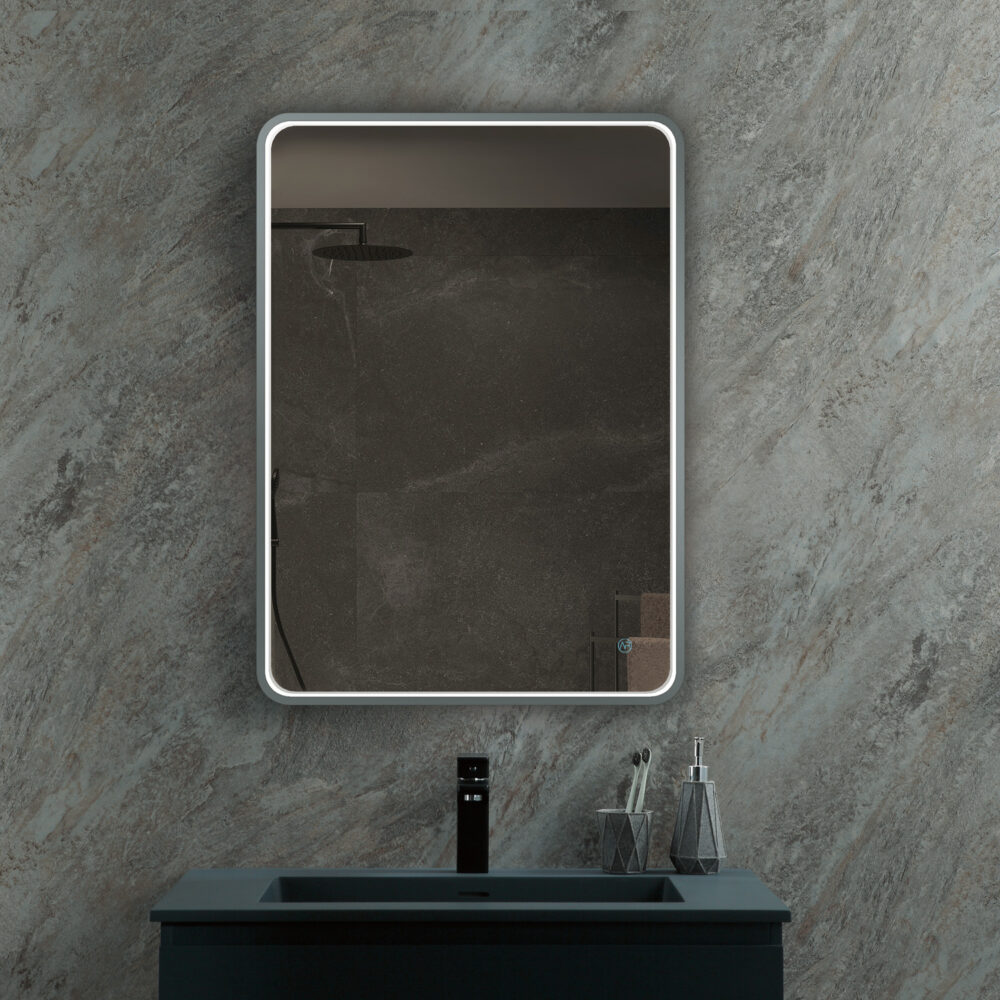 ARUVO™ HALO Framed Rounded Rectangle Mirror w/ LED Light & Demister 650mm | Brushed Gunmetal - Image 2
