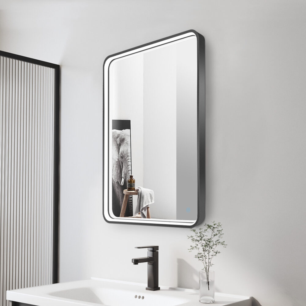 ARUVO™ HALO Framed Rounded Rectangle Mirror w/ LED Light & Demister 650mm | Brushed Gunmetal