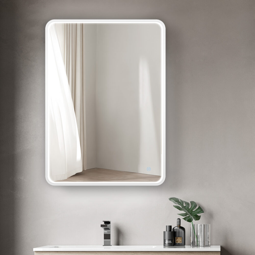 ARUVO® HALO Framed Rounded Rectangle Mirror w/ LED Light & Demister 650mm | Matte White - Image 2