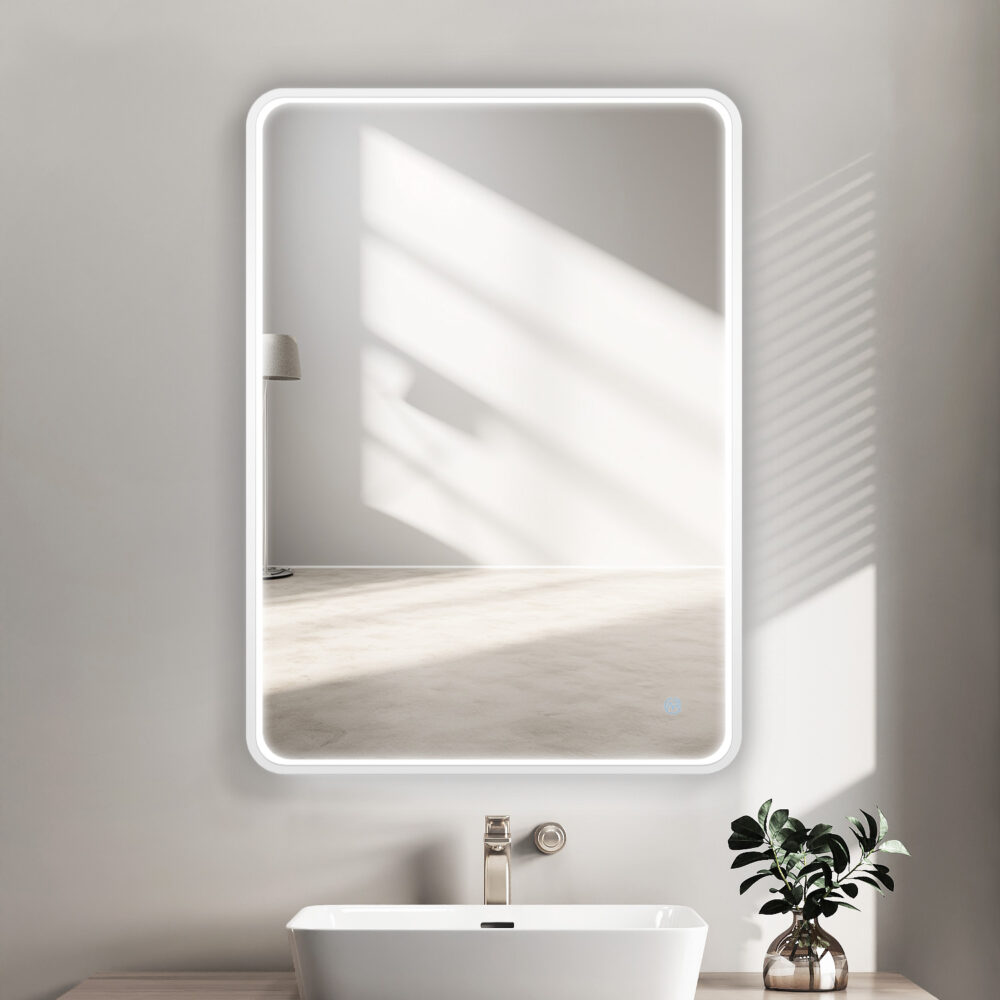 ARUVO® HALO Framed Rounded Rectangle Mirror w/ LED Light & Demister 650mm | Matte White