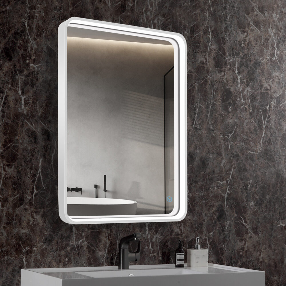 ARUVO® HALO Framed Rounded Rectangle Mirror w/ LED Light & Demister 650mm | Matte White - Image 3