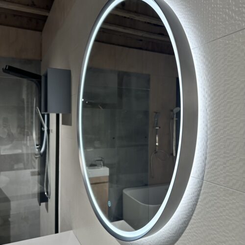 ARUVO™ GRAPHITE Metal Framed Round Mirror w/ LED Light & Demister 850mm | Brushed Gunmetal