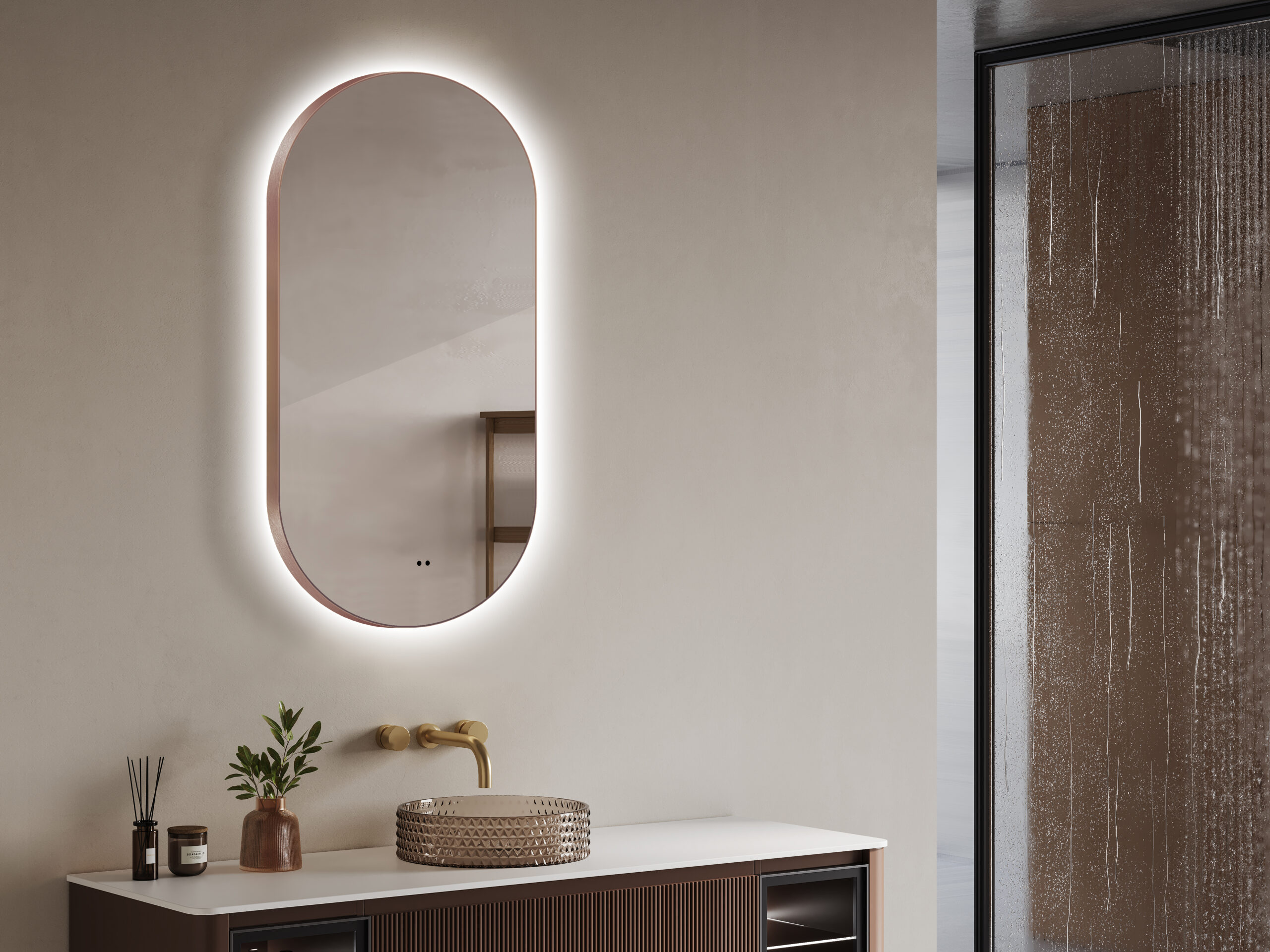 ARUVO® HALO Framed Oval Mirror w/ Backlit LED Light & Demister | Brushed Bronze - Image 2