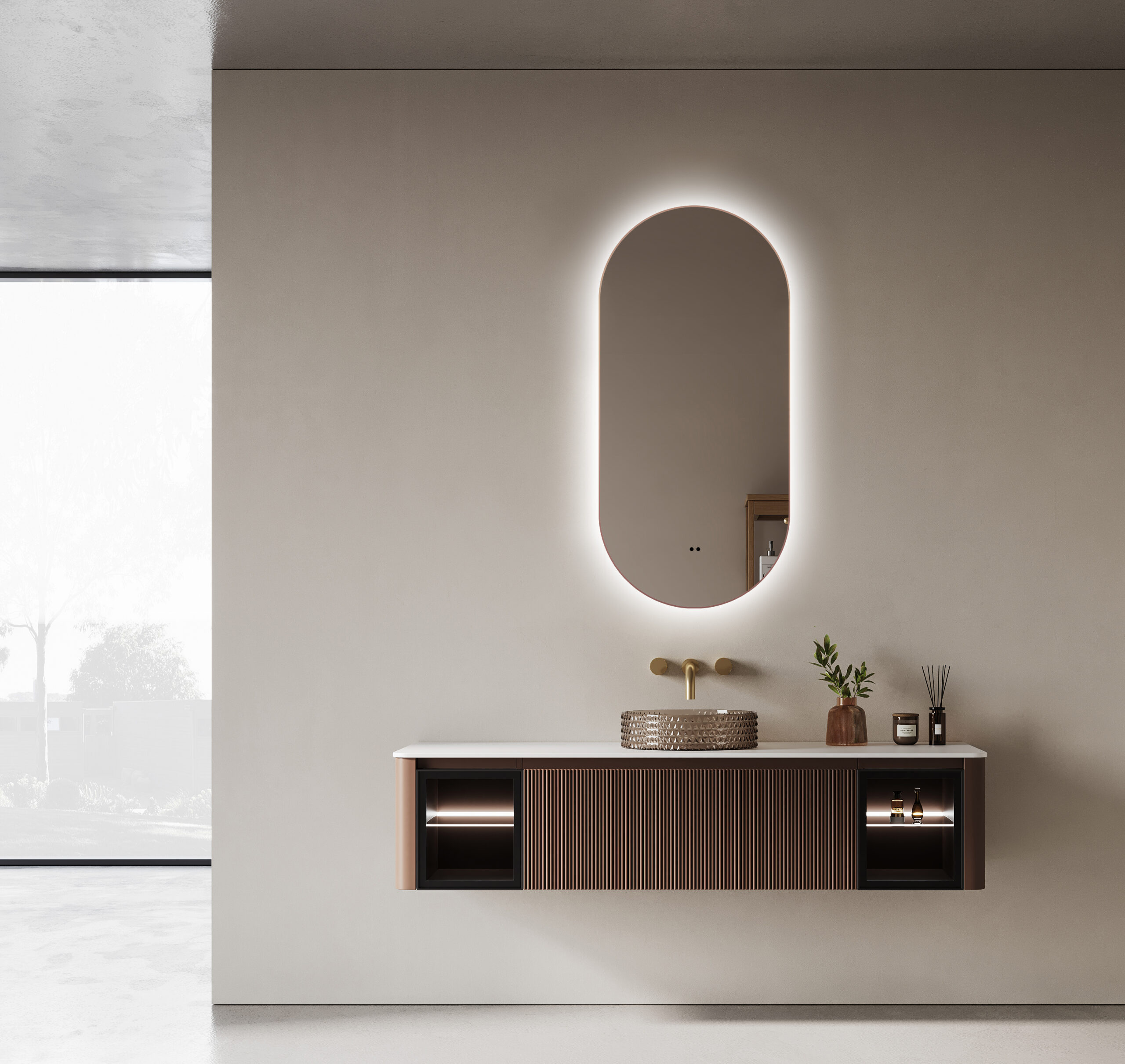 ARUVO® HALO Framed Oval Mirror w/ Backlit LED Light & Demister | Brushed Bronze