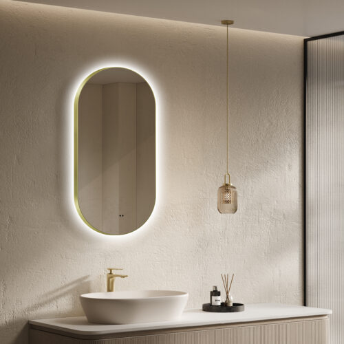 ARUVO® HALO Framed Oval Mirror w/ Backlit LED Light & Demister | Brushed Brass