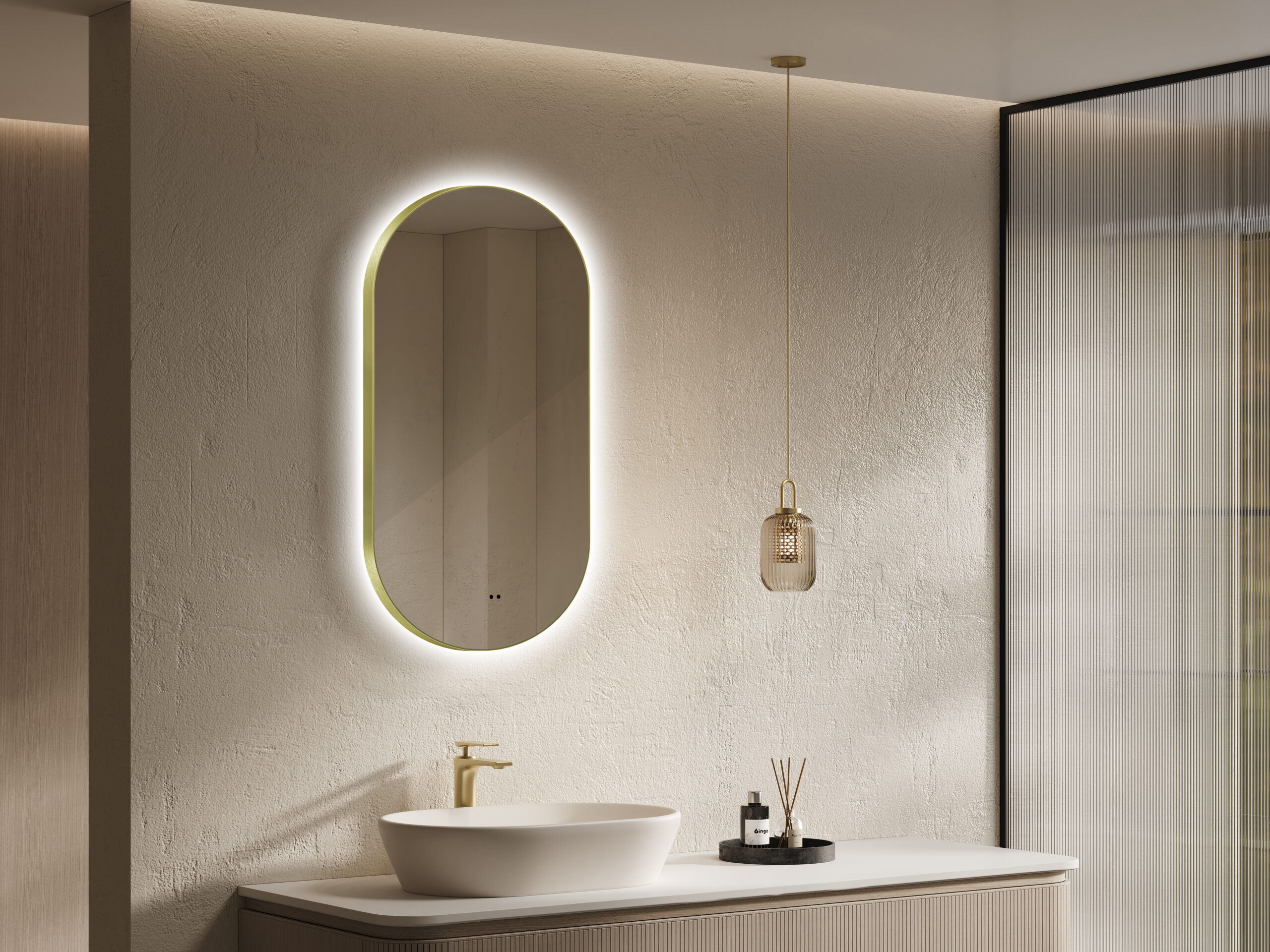 ARUVO® HALO Framed Oval Mirror w/ Backlit LED Light & Demister | Brushed Brass