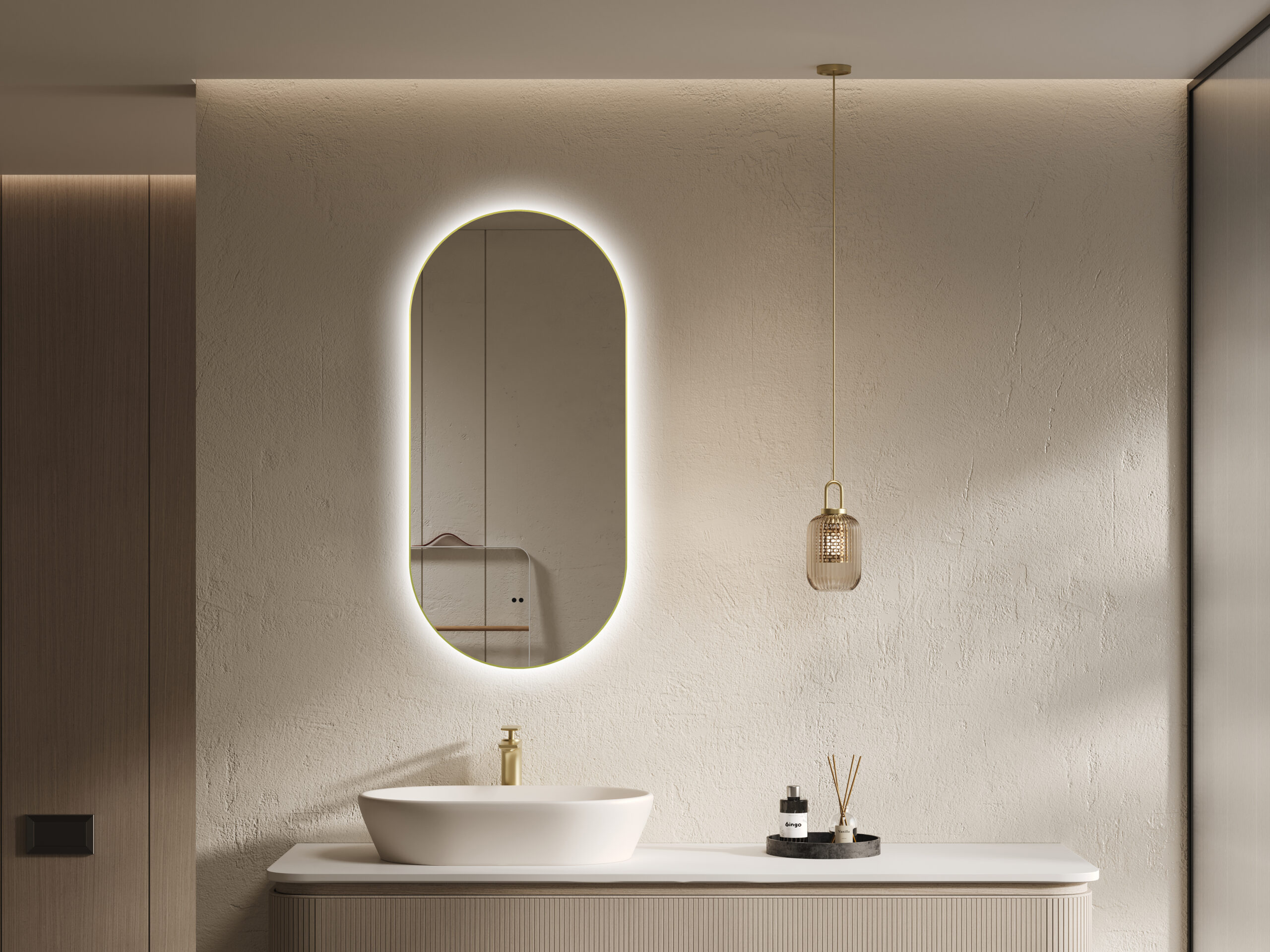 ARUVO® HALO Framed Oval Mirror w/ Backlit LED Light & Demister | Brushed Brass - Image 2