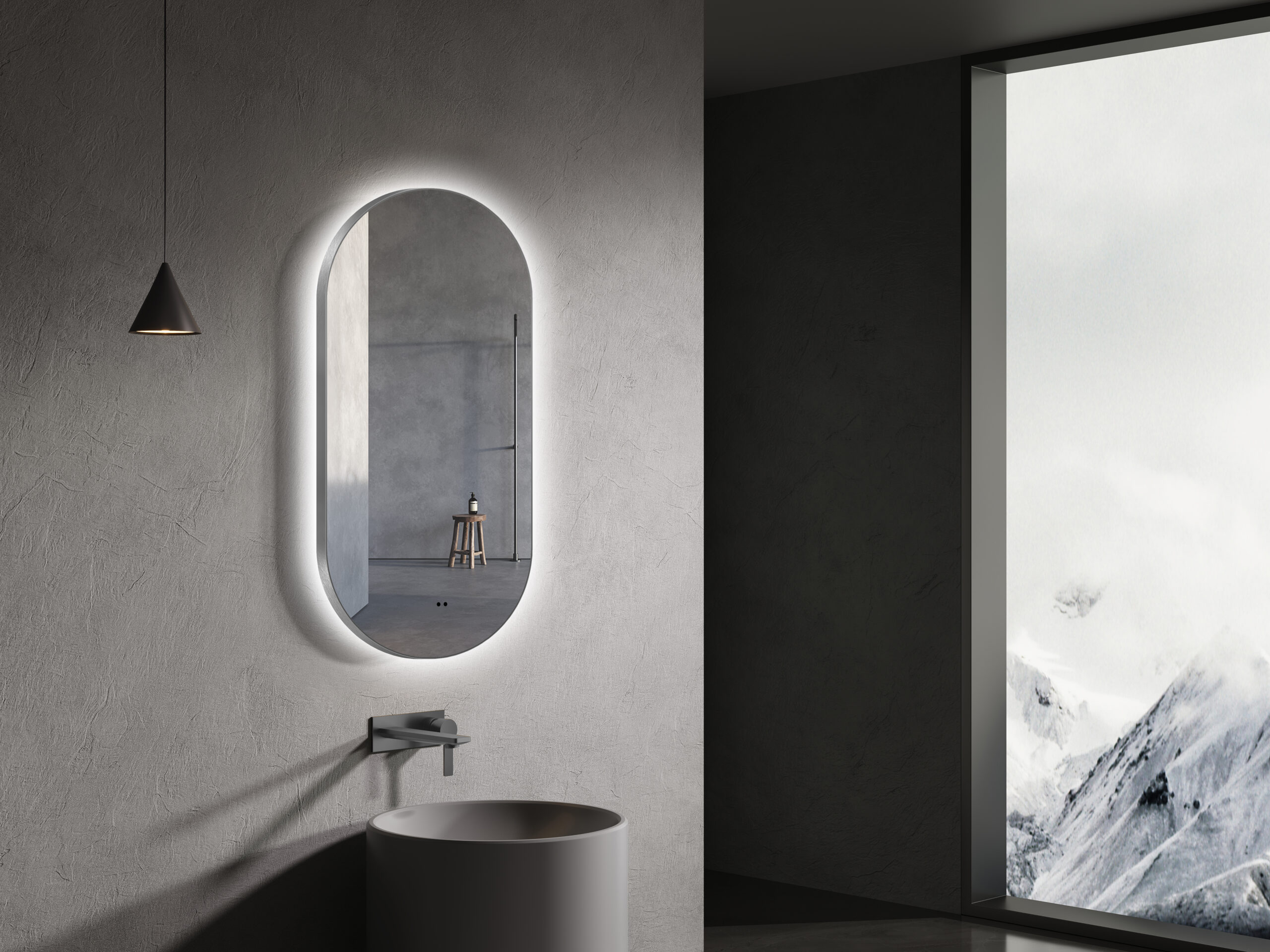 ARUVO® HALO Framed Oval Mirror w/ Backlit LED Light & Demister | Brushed Gunmetal - Image 2