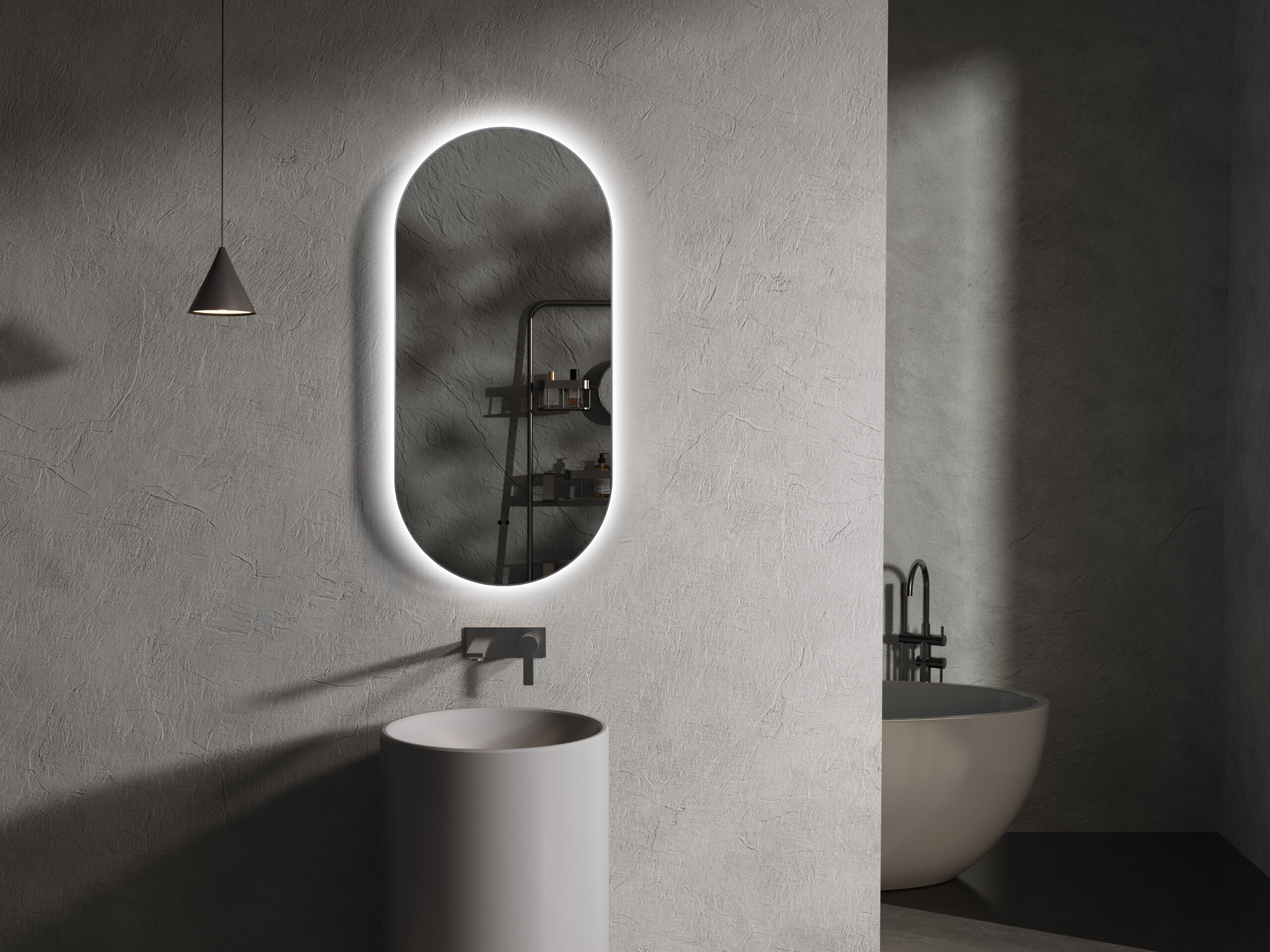 ARUVO® HALO Framed Oval Mirror w/ Backlit LED Light & Demister | Brushed Gunmetal