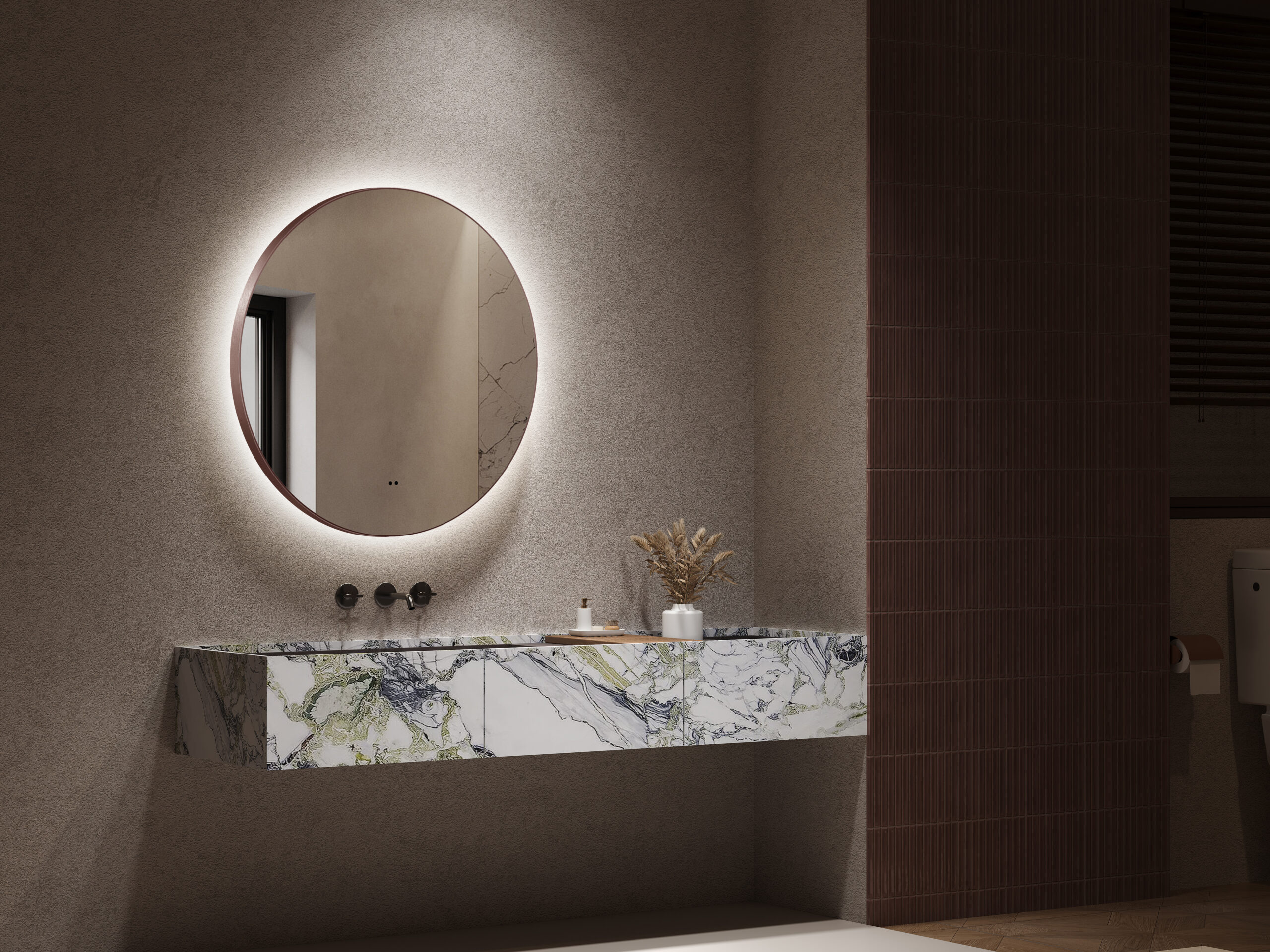 ARUVO® HALO Framed Round Mirror w/ Backlit LED Light & Demister 800mm | Brushed Bronze - Image 2