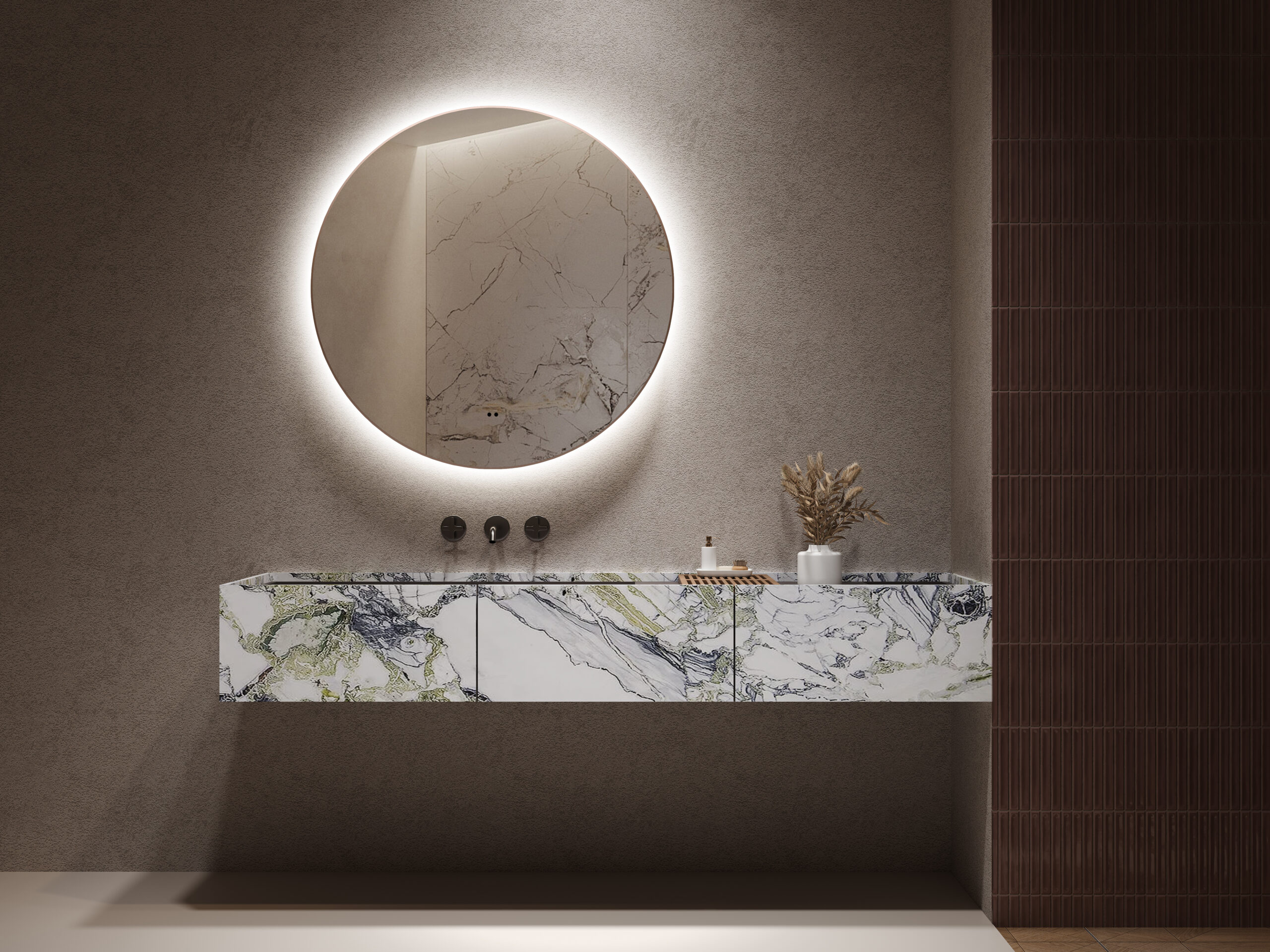 ARUVO® HALO Framed Round Mirror w/ Backlit LED Light & Demister 800mm | Brushed Bronze