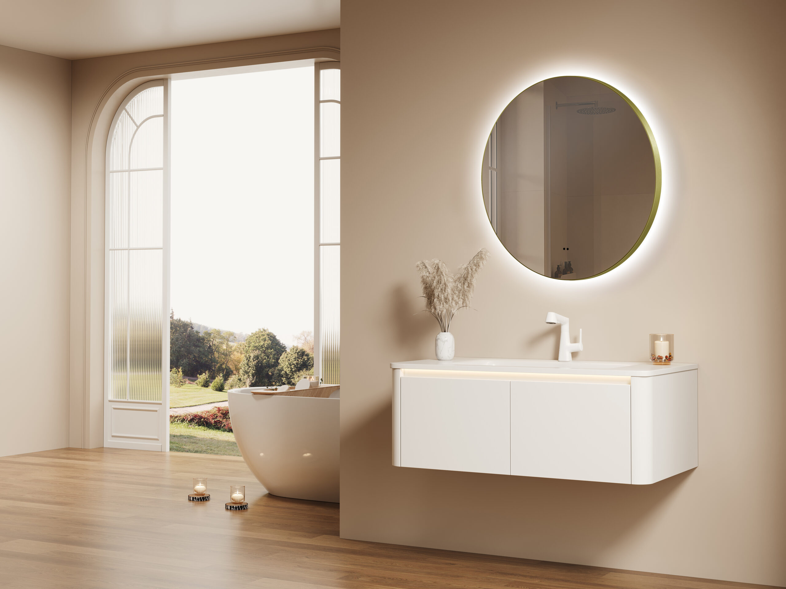 ARUVO® HALO Framed Round Mirror w/ Backlit LED Light & Demister 800mm | Brushed Brass - Image 2