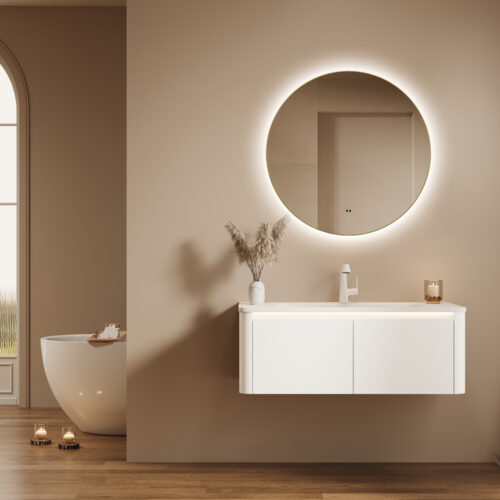 ARUVO® HALO Framed Round Mirror w/ Backlit LED Light & Demister 800mm | Brushed Brass