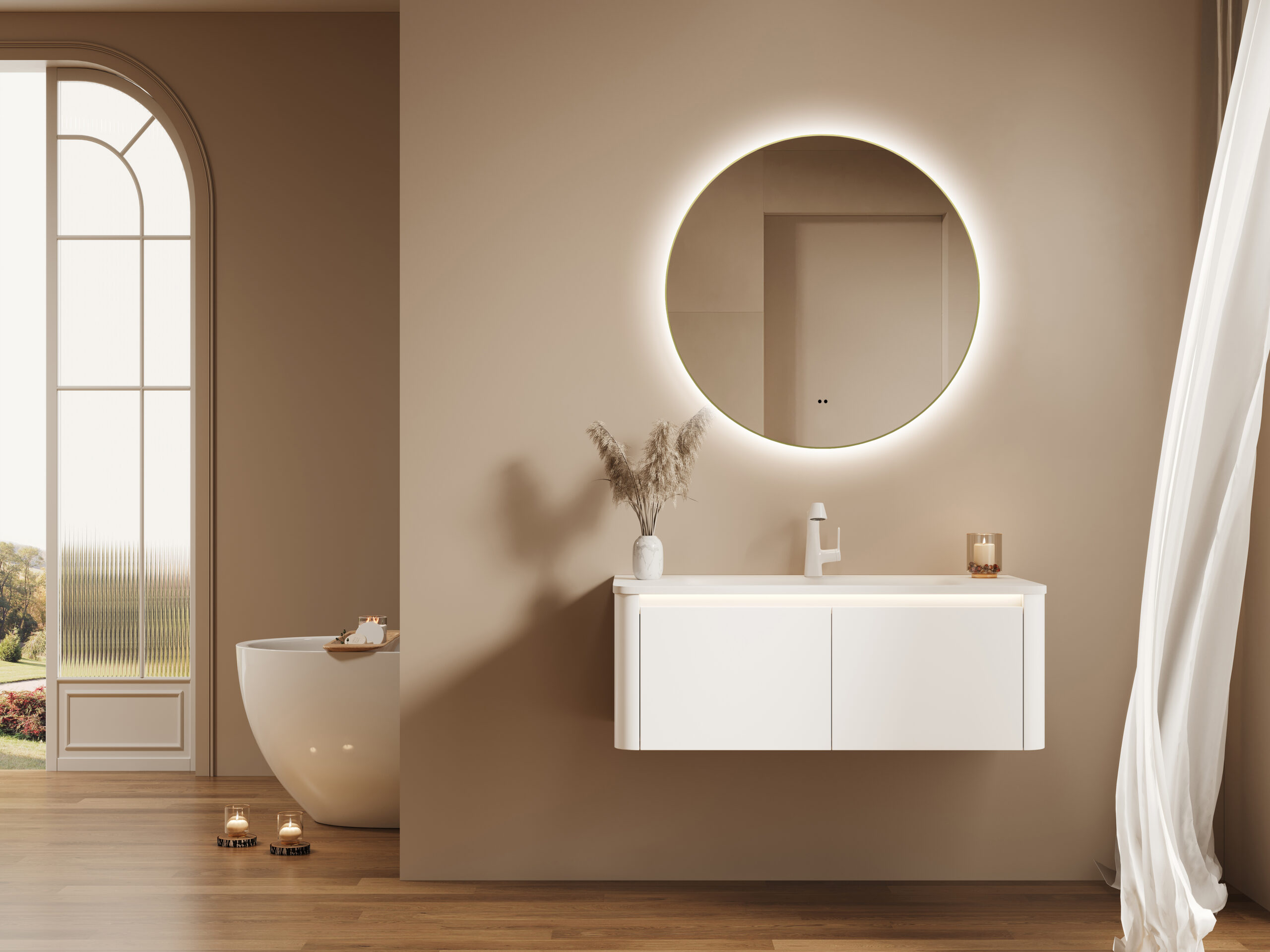 ARUVO® HALO Framed Round Mirror w/ Backlit LED Light & Demister 800mm | Brushed Brass