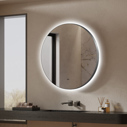 ARUVO® HALO Framed Round Mirror w/ Backlit LED Light & Demister 800mm | Brushed Gunmetal