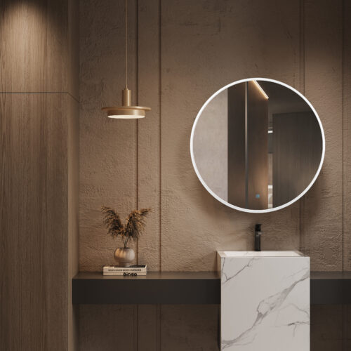 ARUVO™ HALO Framed Round Mirror w/ LED Light & Demister 800mm | Matte White